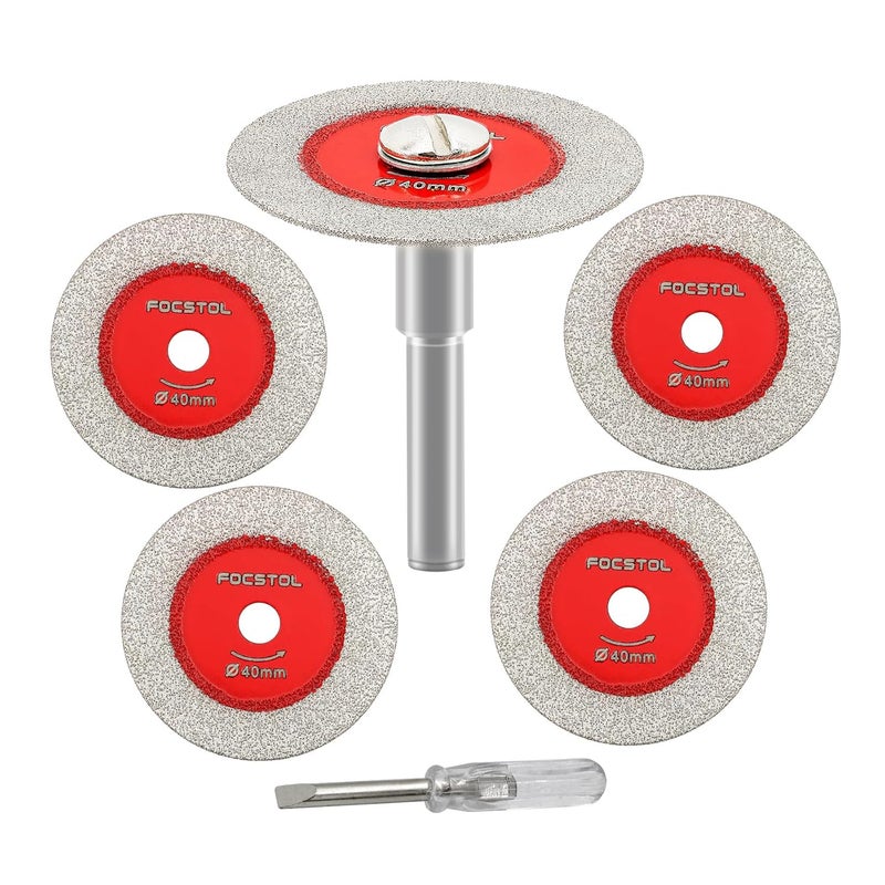 FOCSTOL Mini Diamond Glass Cutting Disc - 5pcs 1-9/16 Inch(40mm) Glass Saw Blade and 1pc 1/4 Inch(6mm) Round Shank for Glass Jade Marble Granite Artificial Stone Porcelain Tile Ceramic - Image 1